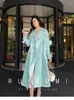 Trench da donna 2022 Autunno francese Gentle Lady Mint Green Streamer Giacca in raso Donna Vita sottile Cappotto diviso doppiopetto di media lunghezza