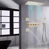 Badezimmer-Duschsets, gebürstetes Gold, Thermostat-Möbel-Wasserhahn, LED-Regenmassage, Handdusche, Spa