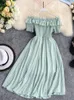 Casual Dresses Woherb 2022 Summer Elegant Women Plaid Off Shouder Solid Vestidos Sweet Ruffles A-line High Waist Dress Robe Femme 25896