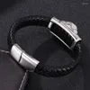 Charm Bracelets Men Black Leather Bracelet Punk Skull Pattern Stainless Steel Magnetic Buckle Braided Wrist Band Gifts ST0269