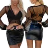 Blouses feminina Mulheres negras Veja Moda Mesh Sheer Renda Long Sino Manga V Polca pesco