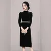 Casual Dresses 2022 Fashion Autumn Winter Velvet Black Dress Vintage Women Stand-Up Collar Tassel Chain Puff Sleeve Bodycon Split Party