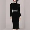 Casual Dresses 2022 Fashion Autumn Winter Velvet Black Dress Vintage Women Stand-Up Collar Tassel Chain Puff Sleeve Bodycon Split Party