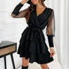 Casual Dresses Women Elegant Ruffled Chiffon Dress Spring Summer 2022 V Neck Elastic midja Slim Fashion Woman Patchwork Office