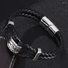 Charm Bracelets Men Double Layer Black Leather Bracelet Stainless Steel Magnetic Buckle Braided Wrist Band Gifts ST0370