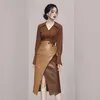 Two Piece Dress Autumn Winter Set Women V Neck Shirts Tops PU Leather Pencil Skirts Office Lady Runway Tracksuit Outfist D232 221010