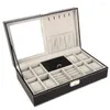 Caixas de relógio Caixa de couro PU Exibição de joias Gaveta de armazenamento com fechadura Organizador de caixa com 8 compartimentos Bandeja de anéis com trava de presentes