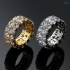 Anneaux de mariage Sparkling Cz Pavé Couleur Or Plaqué Bague Zircone Cubique 2 Rangées Chaîne Brillant Hip Hop Doigt Pour Hommes Taille 7 8 9 10 11