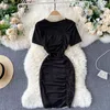 Casual Dresses Short Sleeve T-shirt Dress Women's Cut-out Hollow Front Slim Mini Bodycon Streetwear Folds Pleated Club Party