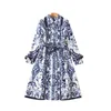 Spring Lapel Neck Paisley Print Belted Trench Coat Blue Blue and White Porcelain Long Sleeve Buttons Single-Breasted Long Outwear Coats S2O08CT Plus Size XXL