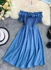 Casual Dresses Woherb 2022 Summer Elegant Women Plaid Off Shouder Solid Vestidos Sweet Ruffles A-line High Waist Dress Robe Femme 25896