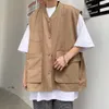 Herrvästar Marinblå Khaki Cargoväst Herrmode Retroficka Herr Japansk Streetwear Lös Hip Hop ärmlös jacka V-hals