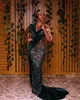 Dark Green African Evening Dresses 2023 Veet Spets Sheer Neck Beads Sequins Appliques Födelsedagsfestklänningar Elegant Robe de Soiee 322