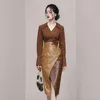 Two Piece Dress Autumn Winter Set Women V Neck Shirts Tops PU Leather Pencil Skirts Office Lady Runway Tracksuit Outfist D232 221010