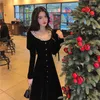 Casual Kleider Vintage Samt Schwarz Langarm Kleid Französisch Spitze Frauen Warme Midi Frühling Koreanische einteilige Weibliche Hochzeit Party 2022