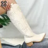 Bottes GOGD rétro automne hiver blanc genou haute grande taille 41 femmes confortable marche femme Western Cowboy botte pour chaussures de chute 221010