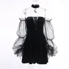 Casual Dresses Gothic Vintage Sexig snörning Black Dress Goth Eesthetic Mesh långärmad minikvinnor harajuku hög midjeparti 2022