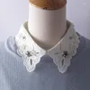 Bow Ties Women Embroidery Cardigan Button Sweater Shirt Cotton Fake Collar Rhinestone Lace Flower False Detachable Blouse Tops