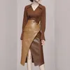 Two Piece Dress Autumn Winter Set Women V Neck Shirts Tops PU Leather Pencil Skirts Office Lady Runway Tracksuit Outfist D232 221010