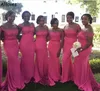 Fuchsia Elegant Satin Mermaid Bridesmaid Dresses Long For Black Girls Sexy Off Shoulder Lace Appliqued Maid Of Honor Gowns Aso Ebi Wedding Guest Party Dress AL8545