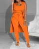 Damen Zweiteilige Hose 2022 Sommer 3-teiliges Damen-Outfit, gerippter U-Ausschnitt, ärmelloses Crop-Top, Kordelzug, weibliche dünne lange Weste, Mantel-Set