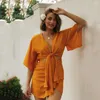 Casual Kleider Ard Elegante Asymmetrische Mini Für Frauen 2022 Sexy Aushöhlen Kurzarm Sommer Kleid V-ausschnitt Spitze Up party