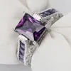 Anéis de casamento Hainon Trendy Purple Crystal Silver Color CZ Jóias de anel de zircão para mulheres Jóias de banda romântica quadrada da festa