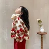 Jacken 3934D Kinderpullover oder Cordhose 2022 Winter Korean Stereo Blumen Mädchen Fleece Warmer Pullover Rote Hose