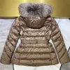 Womens Winter Down Coat Puffer Jacket Short Natural Big Fox Fur Collar Thick Outerwear Metal Belt Classic Fashion Solid Casual Parka Black Size S-XL Clothing