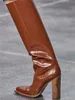 2022 Lady Leather Martin Boots square chunky wooden heels knight plated pattern women knee-high byne the the toes knee wedding shoes 34-43