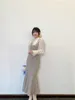 Платья Kuzuwata 2022 Spring Women Women Hoots Sliming vestidos Patchwork с длинным рукавом вязаные русалки со съемным шифоновым воротником