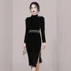 Casual Dresses 2022 Fashion Autumn Winter Velvet Black Dress Vintage Women Stand-Up Collar Tassel Chain Puff Sleeve Bodycon Split Party