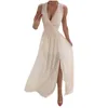 캐주얼 드레스 2022 패션 여성 섹시한 여자 해변 깊은 V- 넥 여름 파티 소매 슬리트 A- 라인 하이 슬릿 미디 공식 드레스