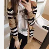 E56 Women's sweater women jacket cashmere cardigan mid-length knitted V-neck loose striped sweater thin ladies trench coat