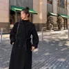 Kadın Yün Karışımları Kore Kadınlar Bahar Sonbahar Siyah Gevşek Uzun Yün Ceket Kemeri Yün Yüzlü Palto Bölünmüş Hem Karto Dış Giyim 3XL 221010