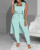 Damen Zweiteilige Hose 2022 Sommer 3-teiliges Damen-Outfit, gerippter U-Ausschnitt, ärmelloses Crop-Top, Kordelzug, weibliche dünne lange Weste, Mantel-Set