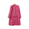 Spring Round Neck Tweed Solid Color Panelled Coat Dress Hot Pink Long Sleeve Pockets Single-Breasted Casual Dresses S2O080115