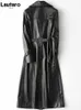 Women's Leather Faux Lautaro Autumn Long Black Pu Trench Coat for Women Sleeve Belt Elegant British Style Fashion 4xl 5xl 6xl 7xl 221010
