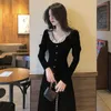 Casual Kleider Vintage Samt Schwarz Langarm Kleid Französisch Spitze Frauen Warme Midi Frühling Koreanische einteilige Weibliche Hochzeit Party 2022