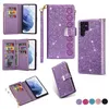 Lanyard Glitter Flip dragkedja telefonfodral för Samsung Galaxy Z Fold3 Fold4 5G S22 Ultra S21 S20 S21FE S20FE Note20 Note10 Pro A13 A53 A33 Flera kortplatser Plånbokskal