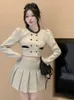 Tweede stuk jurk vintage kleine geur 2 set vrouwen lange mouw korte jas jas geplooide rok pakken Koreaanse mode sets 221010