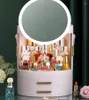 Opslagboxen LED Mirror Cosmetische doos Desktoplade Type Transparante roterende plastic stofveilige badkamer