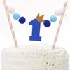 Festive Supplies ONE Year Crown Pompon 1st Cake Toppers Birthday Decoration Flag Baby Shower Kids Party Favor