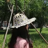 広い帽子の竹の折りたたみ式ハンドファンのサンハット調整可能夏旅行屋外のケーテfemmeのためのハンドヘルド折りたたみ折りたたみ