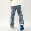 Мужские джинсы ретро -дыра, разорванная для мужчин, прямо вымытые хараджуку хип -хоп.