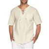 Men's Casual Shirts 2022 Street Men's Short Sleeve T-shirt Cotton Linen Tie Fashion