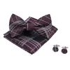 Bow Ties Novelty Men's Bowtie Handkerchief Burgundy Tie Pocket Square Cufflinks Set Dot Plaid Stripe Wine Red Wedding Vintage Necktie