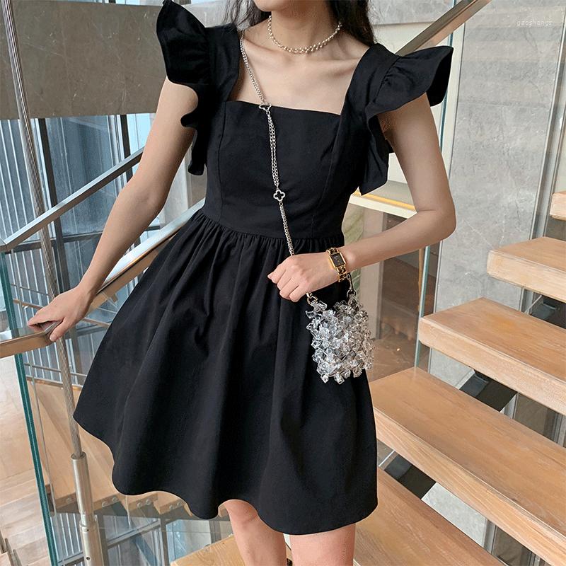 Casual Dresses Summer Mini Black Dress Woman Sexig Flying Sleeve Evening Party Femme Chic Design Y2K Women Korean One Piece 2022