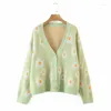 Kvinnors stickor Söt knapp ner tröja Cardigan Löst stickad kappa Chic Autumn Spring Casual Long Sleeve Women V Neck Floral Fashion Ytterkläder