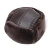 Berets RY964 Male Winter Genuine Leather Faux Fur Black/Brown Bomber Hat For Men Ear Head Warm Moto Caps Dad Dome Gorras Hombre